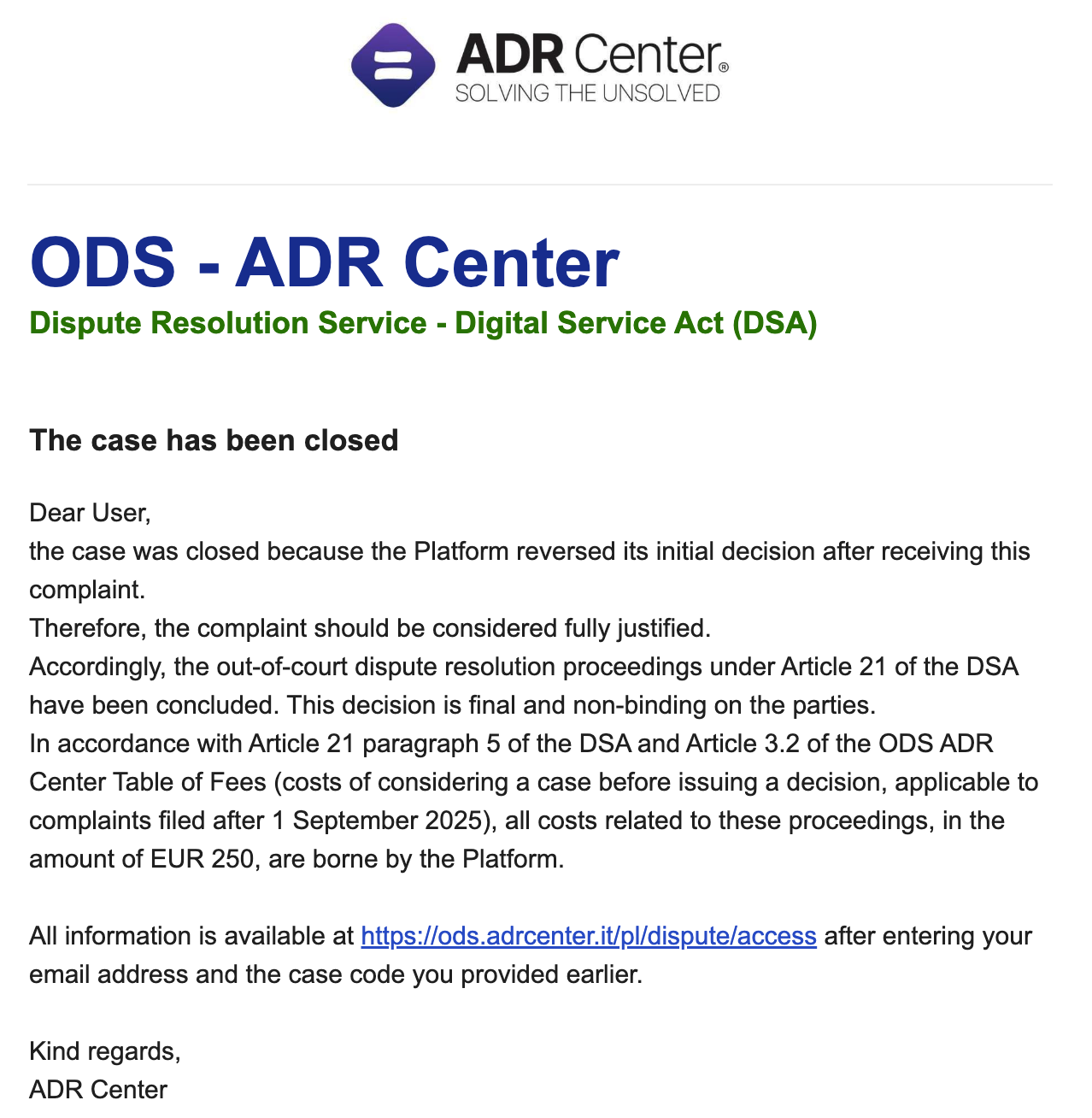 ADR Center case closed — complaint fully justified, 250 EUR costs borne by Google